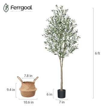 Ferrgoal Artificial Olive Trees 6Ft Fake Olive Plant with Basket Faux Plants Indoor Outdoor Fake Tree in Pot Slik Plants for Home Decor Office Living Room Perfect Housewarming Gift Green 2Pack