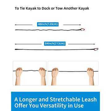 OCEANBROAD Kayak Paddle Leash with D-Ring Stretchable Bungee Strap Lanyard Rope for SUP Kayaking Boating Canoeing Fishing Pole Rod 5-7 Feet Black 2 Pack