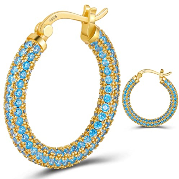 925 Sterling Silver Post Hoop Earrings with Cubic Zirconia Stones - Stylish 14K Gold Plated Chunky H...