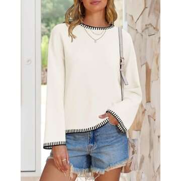ZESICA Women's Oversized Long Sleeve Sweaters Fall Crewneck Color Block Loose Ribbed Knit Pullover Tops,White,Medium