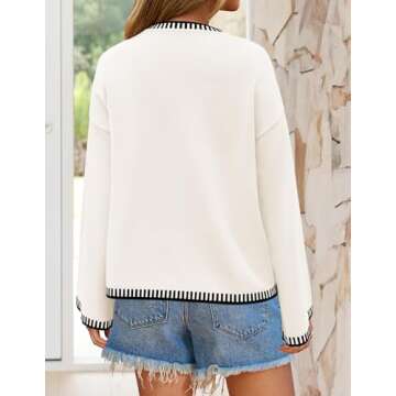 ZESICA Women's Oversized Long Sleeve Sweaters Fall Crewneck Color Block Loose Ribbed Knit Pullover Tops,White,Medium