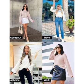 ZESICA Women's Oversized Long Sleeve Sweaters Fall Crewneck Color Block Loose Ribbed Knit Pullover Tops,White,Medium