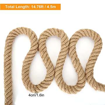 Manila Rope (1-1/2 Inch x 15 Feet), Natural Thick Hemp Rope, Twisted Strong Jute Rope, Twine Burlap Rope for Crafts, Nautical, Landscaping, Railings, Hanging Swing, Tug of War, Decorating