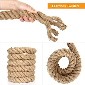 Manila Rope (1-1/2 Inch x 15 Feet), Natural Thick Hemp Rope, Twisted Strong Jute Rope, Twine Burlap Rope for Crafts, Nautical, Landscaping, Railings, Hanging Swing, Tug of War, Decorating
