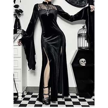 LANSHULAN Long Flare Sleeve Dress Lace Cutout Black Split Goth Vintage Dress Clothes