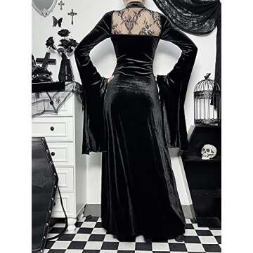 LANSHULAN Long Flare Sleeve Dress Lace Cutout Black Split Goth Vintage Dress Clothes