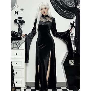 LANSHULAN Long Flare Sleeve Dress Lace Cutout Black Split Goth Vintage Dress Clothes