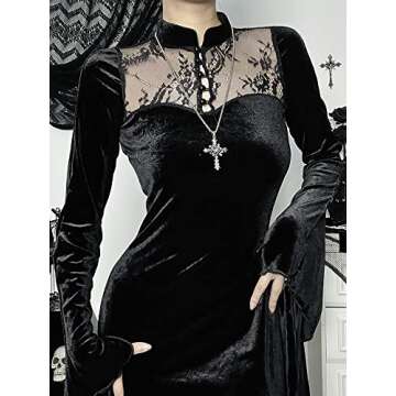 LANSHULAN Long Flare Sleeve Dress Lace Cutout Black Split Goth Vintage Dress Clothes