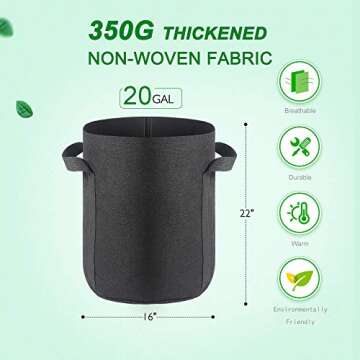 Airbin Fabric Plant Grow Bags, 20 Gallon, Black, 5 Pack