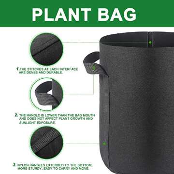 Airbin Fabric Plant Grow Bags, 20 Gallon, Black, 5 Pack