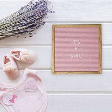 Felt Letter Board 10x10 with Attached Stand, 493 Changeable White Letters, Numbers & Emojis, Canvas Storage Bag, Wall Mount Hanger, Wood Oak Frame, Scissors | Home & Office Gifts, Letterboard (Pink)