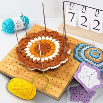 LIVSMON Crochet Blocking Board with 15 Stainless Steel Pins, Large Base, Handcrafted Knitting Blocking Mat for Crochet and Granny Squares, Ideal Gift for Crocheters, 7.7Inch