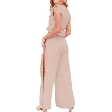 FANCYINN 2 Pieces Summer Outfits for Women Deep V Neck Crop Top Side Slit Drawstring Wide Leg Pants Sets Jumpsuits Pink M