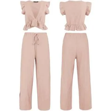FANCYINN 2 Pieces Summer Outfits for Women Deep V Neck Crop Top Side Slit Drawstring Wide Leg Pants Sets Jumpsuits Pink M