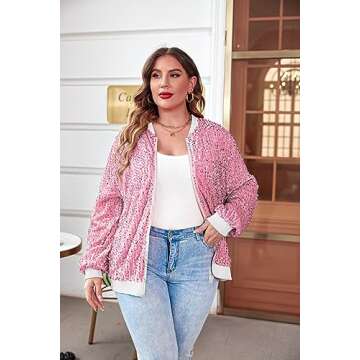 IN'VOLAND Womens Sequin Jacket Plus Size Sparkle Long Sleeve Jackets Front Zip Loose Casual Blazer Bomber Jacket with Pockets