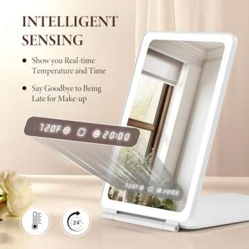 Zemmys Travel Makeup Mirror with Time & Temperature Display, 2000mAh Rechargeable Battery, 7.5" Portable Foldable Lighted Mirror with 148 Led Lights, 3 Color Lighting Modes, Touch Dimming