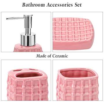 JOTOM Ceramic Bath Accessory Set Luxury Bathroom Accessories Set-4 Pieces with Decorative Hand Sanitizer Bottle,Toothbrush Cup,Toothbrush Holder,Soap Dish (Pink)