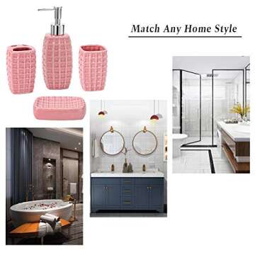 JOTOM Ceramic Bath Accessory Set Luxury Bathroom Accessories Set-4 Pieces with Decorative Hand Sanitizer Bottle,Toothbrush Cup,Toothbrush Holder,Soap Dish (Pink)