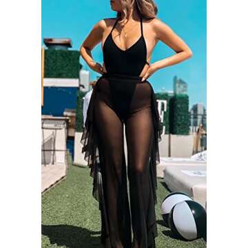 Jumppmile Women's Sexy Ruffle Sheer Mesh Bikini Swimsuit Bathing Wear Cover Up Pants See Through L B...