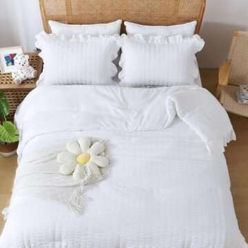 JOLLYVOGUE Queen Comforter Set, 3 Pieces White Seersucker Comforters Queen Size, Lightweight & Fluff...