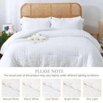 JOLLYVOGUE Queen Comforter Set, 3 Pieces White Seersucker Comforters Queen Size, Lightweight & Fluffy Bedding Sets Queen for All Season with 1 Ruffle Comforter and 2 Ruffle Pillowshams