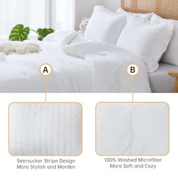 JOLLYVOGUE Queen Comforter Set, 3 Pieces White Seersucker Comforters Queen Size, Lightweight & Fluffy Bedding Sets Queen for All Season with 1 Ruffle Comforter and 2 Ruffle Pillowshams
