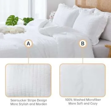 JOLLYVOGUE Queen Comforter Set, 3 Pieces White Seersucker Comforters Queen Size, Lightweight & Fluffy Bedding Sets Queen for All Season with 1 Ruffle Comforter and 2 Ruffle Pillowshams