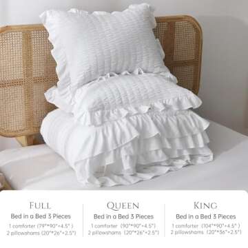 JOLLYVOGUE Queen Comforter Set, 3 Pieces White Seersucker Comforters Queen Size, Lightweight & Fluffy Bedding Sets Queen for All Season with 1 Ruffle Comforter and 2 Ruffle Pillowshams