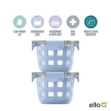 Ello Duraglass 2-Pack 2 Cup Reusable Glass Container Jar with Leak Proof Lids and Protective Silicone Sleeves | Perfect for Overnight Oats, Snacks, Yogurt | BPA-Free | Dishwasher Safe | Halogen Blue