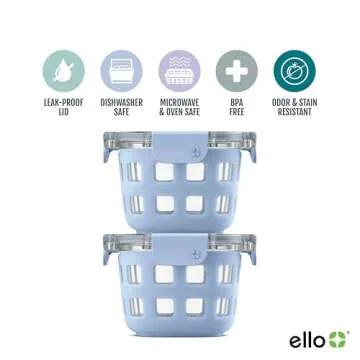 Ello Duraglass 2-Pack 2 Cup Reusable Glass Container Jar with Leak Proof Lids and Protective Silicone Sleeves | Perfect for Overnight Oats, Snacks, Yogurt | BPA-Free | Dishwasher Safe | Halogen Blue