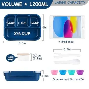 QQKO 4-Compartment Bento Box for Adults - 1200 ML Leak-Proof Food Container With Muffin Cups, Utensi...