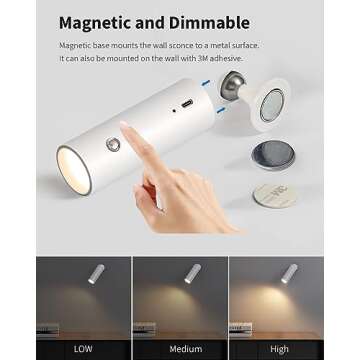 KDG LED Wall Sconces Set of 2,Cordless Wireless Lighting,Battery Operated Indoor Lamp,Magnetic Ball Dimmable Lights for Reading,Bedside Living Room Bedroom Closet Kids Study(White) (AMZ-TBL-013)