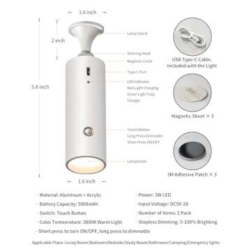 KDG LED Wall Sconces Set of 2,Cordless Wireless Lighting,Battery Operated Indoor Lamp,Magnetic Ball Dimmable Lights for Reading,Bedside Living Room Bedroom Closet Kids Study(White) (AMZ-TBL-013)