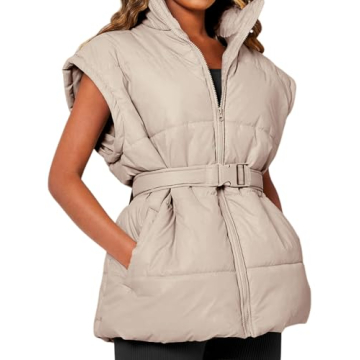 Danedvi Women's Oversized Puffer Vest Stand Collar Cap Sleeve Padded Gilet Outerwear with Belted