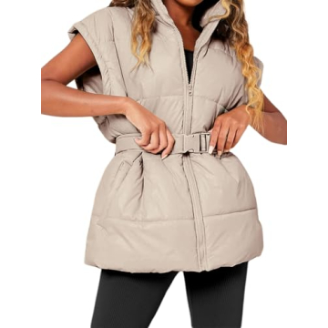 Danedvi Women's Oversized Puffer Vest Stand Collar Cap Sleeve Padded Gilet Outerwear with Belted