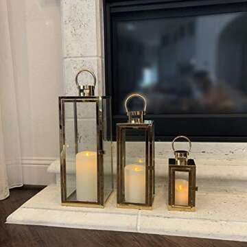 Allgala 3-PC Lantern Set 23 Inch Jumbo Deluxe Modern Indoor/Outdoor Candle Lantern Set Stainless Steel Frame Tempered Glass Rectangular Gold Color for Garden Poolside Fireplace Wedding