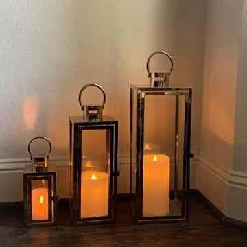 Allgala 3-PC Lantern Set 23 Inch Jumbo Deluxe Modern Indoor/Outdoor Candle Lantern Set Stainless Steel Frame Tempered Glass Rectangular Gold Color for Garden Poolside Fireplace Wedding
