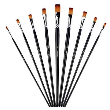 Amagic 9Pcs Flat Tipped Art Paintbrush Set with Storage Container - Anti-Shedding Synthetic Nylon with Long Handle - Paint Brush for Watercolor, Acrylics, Ink, Gouache, Oil, Tempera