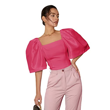 Floerns Women's Square Neck Puff Short Sleeve Elegant Blouse Crop Top Pink S