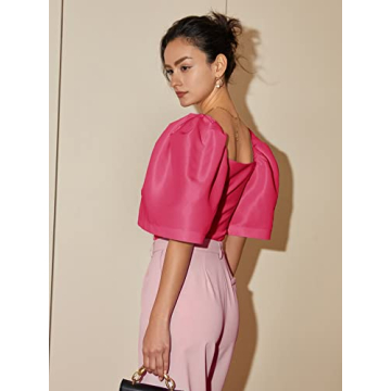 Floerns Women's Square Neck Puff Short Sleeve Elegant Blouse Crop Top Pink S