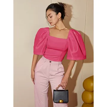Floerns Women's Square Neck Puff Short Sleeve Elegant Blouse Crop Top Pink S