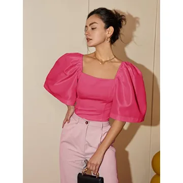 Floerns Women's Square Neck Puff Short Sleeve Elegant Blouse Crop Top Pink S