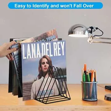 EASEPRES Vinyl Record Holder Storage, 9 Slot Metal Magazine Book Album Display Rack, Stylish Triangle Desktop File Sorter Organizer for Home Office, Black