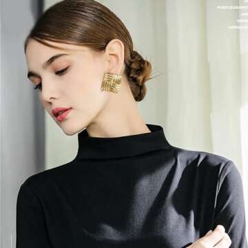 CyxenNova Large Chunky Gold Statement Earrings for Women, Geometric Square Textured Vintage Trendy D...