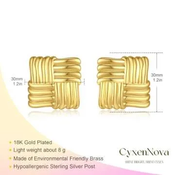 CyxenNova Large Chunky Gold Statement Earrings for Women, Geometric Square Textured Vintage Trendy Drop Stud, Jewelry Gift for Women