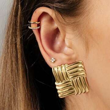 CyxenNova Large Chunky Gold Statement Earrings for Women, Geometric Square Textured Vintage Trendy Drop Stud, Jewelry Gift for Women