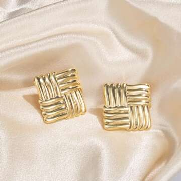 CyxenNova Large Chunky Gold Statement Earrings for Women, Geometric Square Textured Vintage Trendy Drop Stud, Jewelry Gift for Women