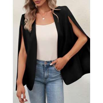 GAMISOTE Womens Cape Blazer Split Sleeve Open Front Casual Jacket Coat Workwear Black