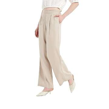PACIBE Women's Drape Linen Pants Summer Wide Leg Trousers Compact Fabric with Pockets, M, Khaki