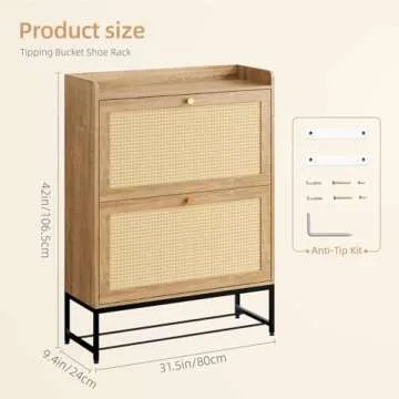 SUPERLELE Rattan Shoe Storage Cabinet, Entryway Slim Shoe Rack with 2 Flip Drawers, Freestanding Org...